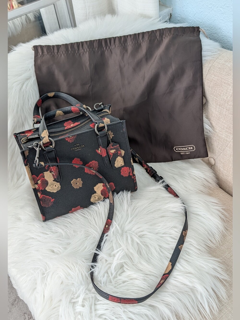 Coach Floral Print Mini Satchel hand Bag/ CrossBody Bag Came With Dirt Cover Bag